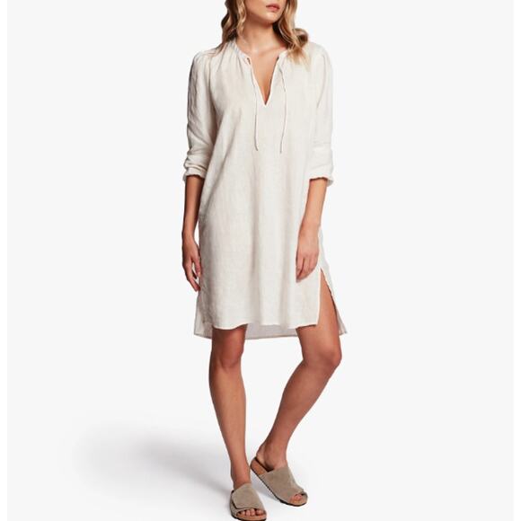 James Linen V Neck Tie  Peasant Dress Oyster Womens Size 1 - Picture 1 of 9